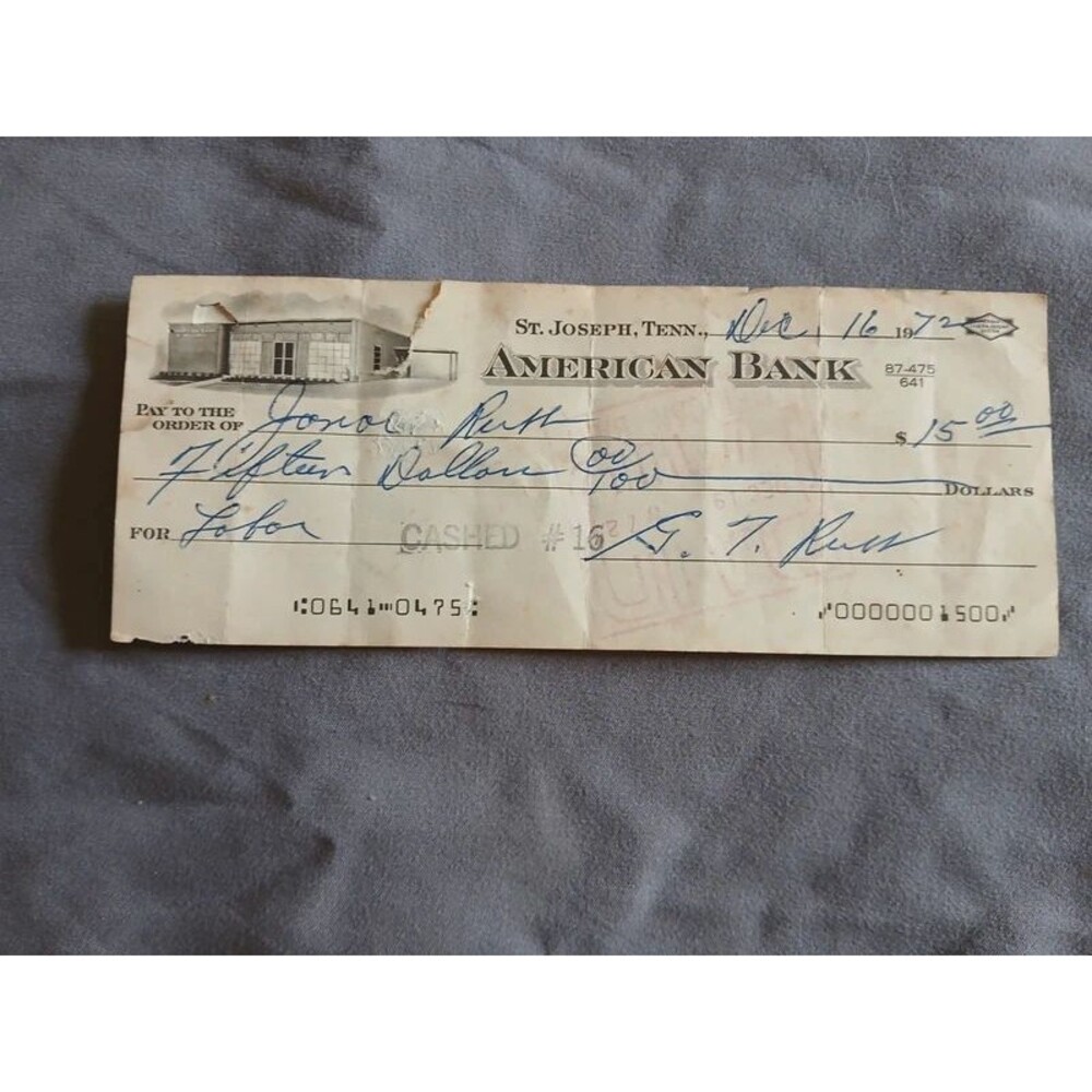 Vintage 1972 American Bank St. Joseph Tennessee Canceled Check $15 Ephemera